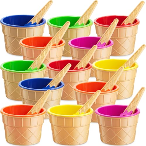 JoyServe Ice Cream Bowls and Spoons Set - Reusable Plastic Ice Cream Cups and Waffle Cone Shaped Spoons for Dessert Ice Cream Sundaes, Frozen Yogurt, Gelato, Birthday Party Decorations